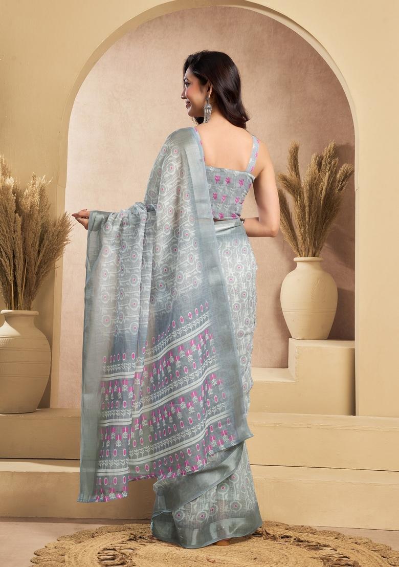 Grey Printed Linen Saree Set - Indya