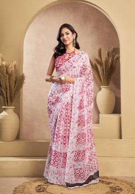 Red Printed Linen Saree Set
