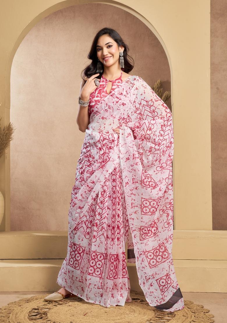 Red Printed Linen Saree Set - Indya