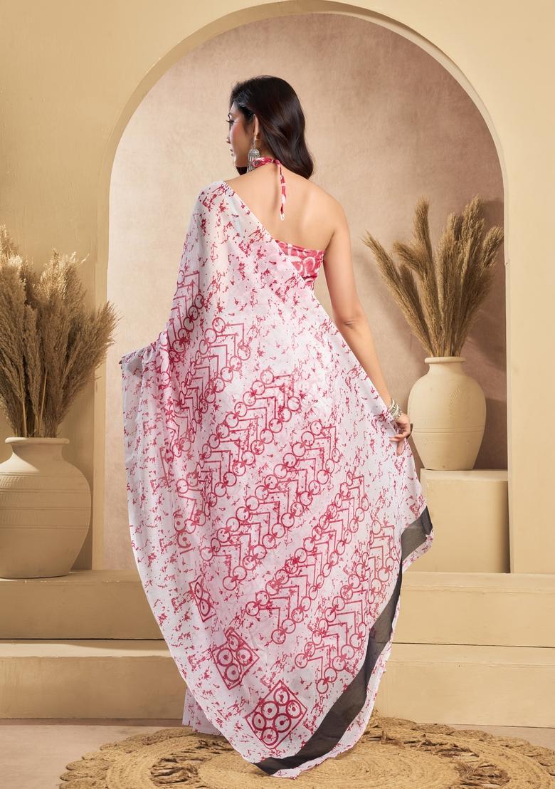 Red Printed Linen Saree Set - Indya