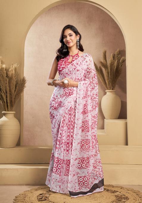 Red Printed Linen Saree Set