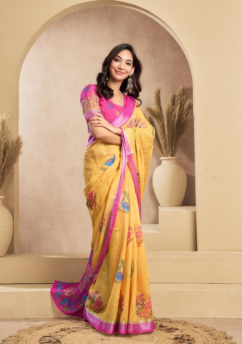 Yellow Printed Linen Saree Set - Indya