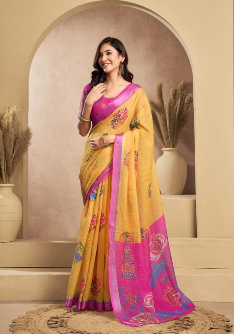 Yellow Printed Linen Saree Set