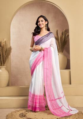 White Printed Linen Saree Set