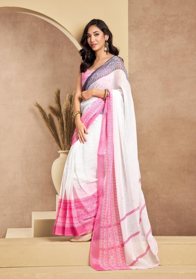 White Printed Linen Saree Set - Indya