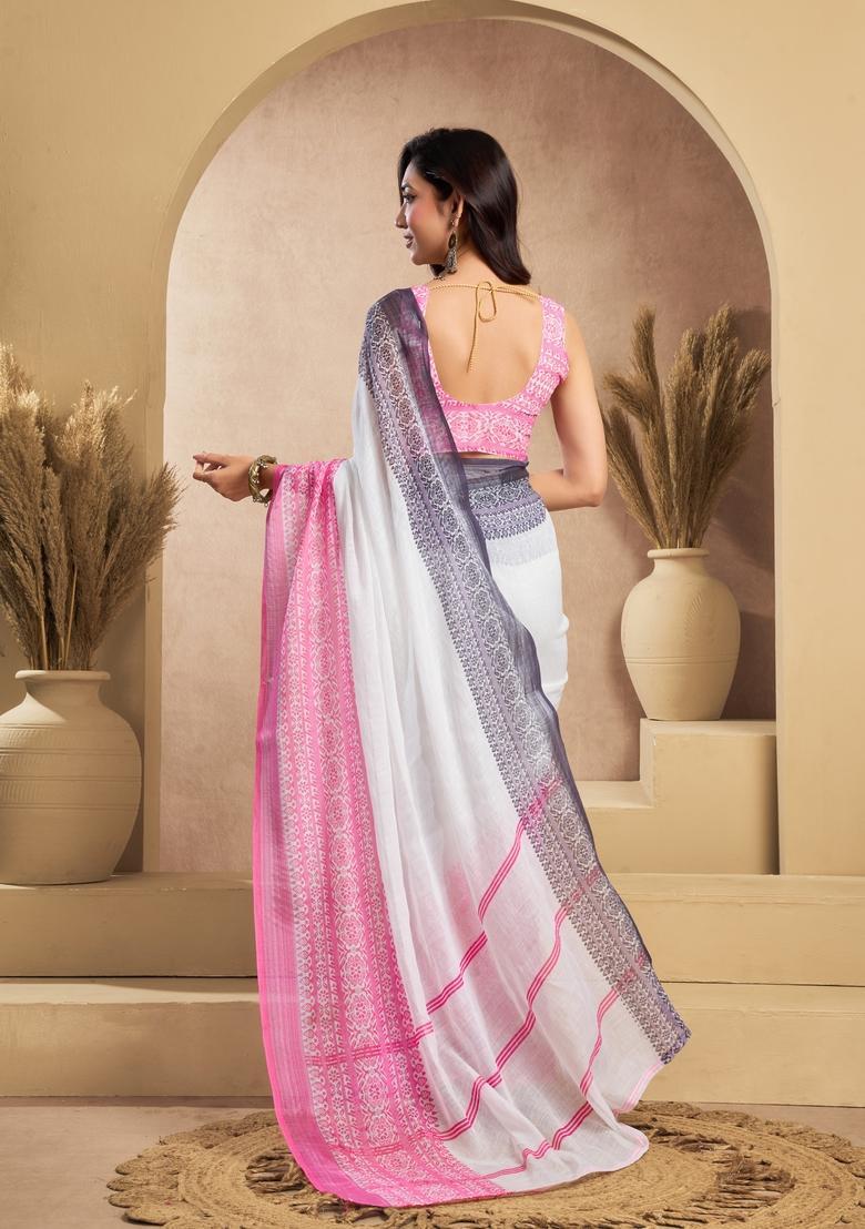 White Printed Linen Saree Set - Indya