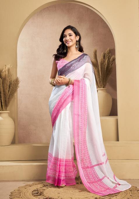 White Printed Linen Saree Set