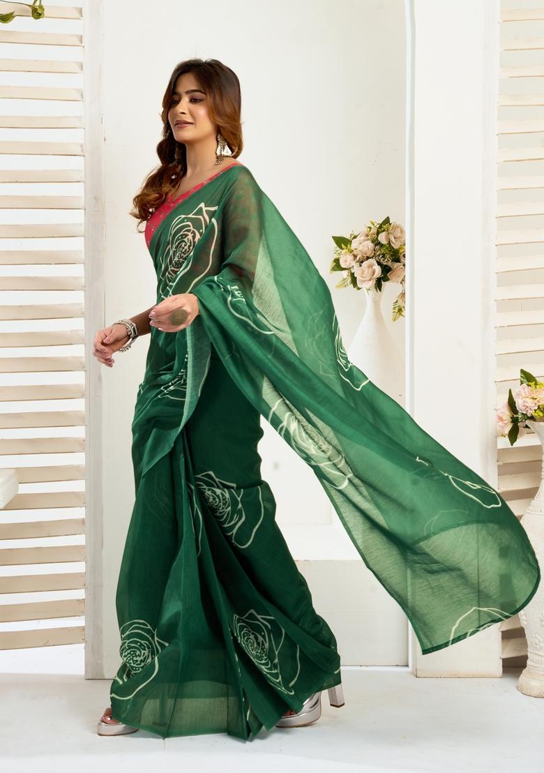 Green Printed Linen Saree Set - Indya
