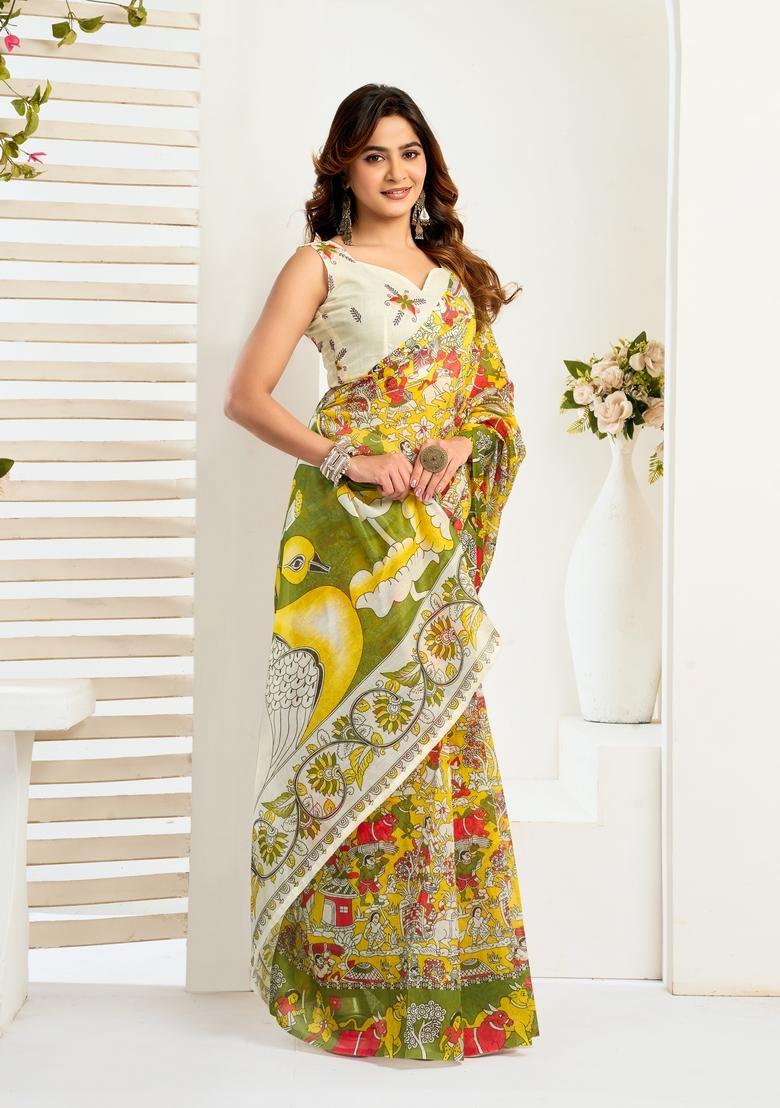 Green Printed Linen Saree Set - Indya