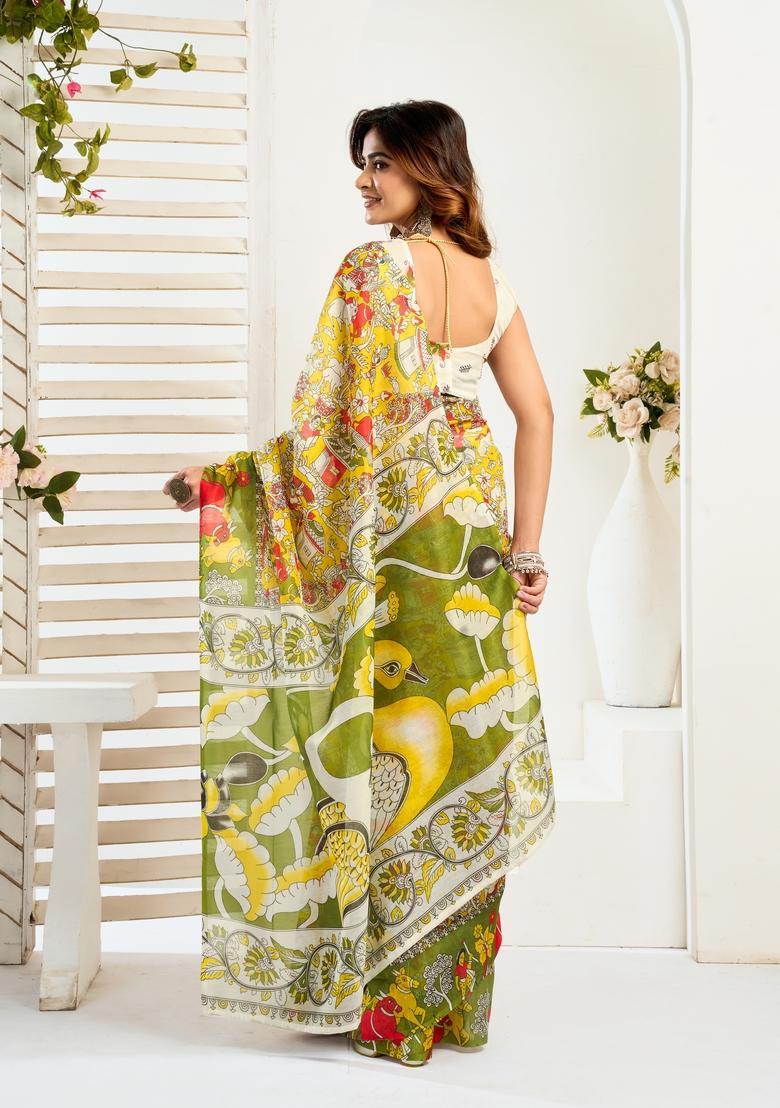 Green Printed Linen Saree Set - Indya