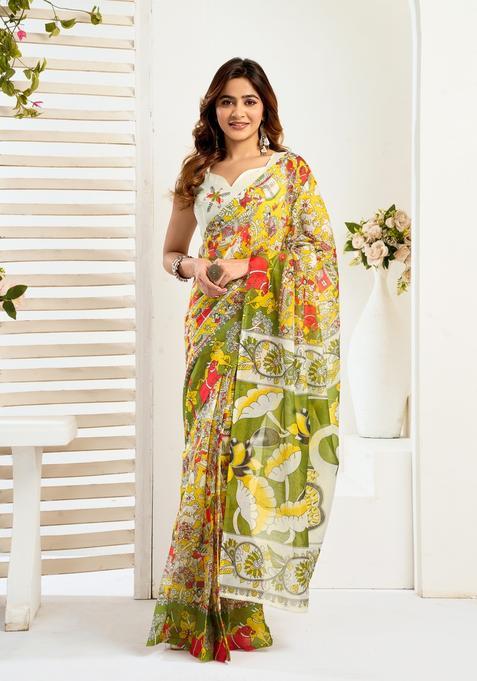 Green Printed Linen Saree Set