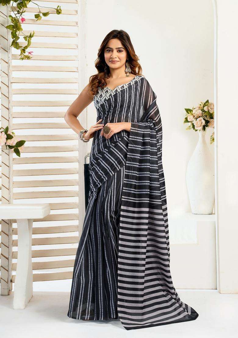 Black Printed Linen Saree Set - Indya