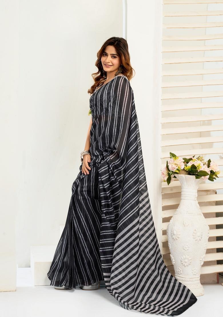 Black Printed Linen Saree Set - Indya