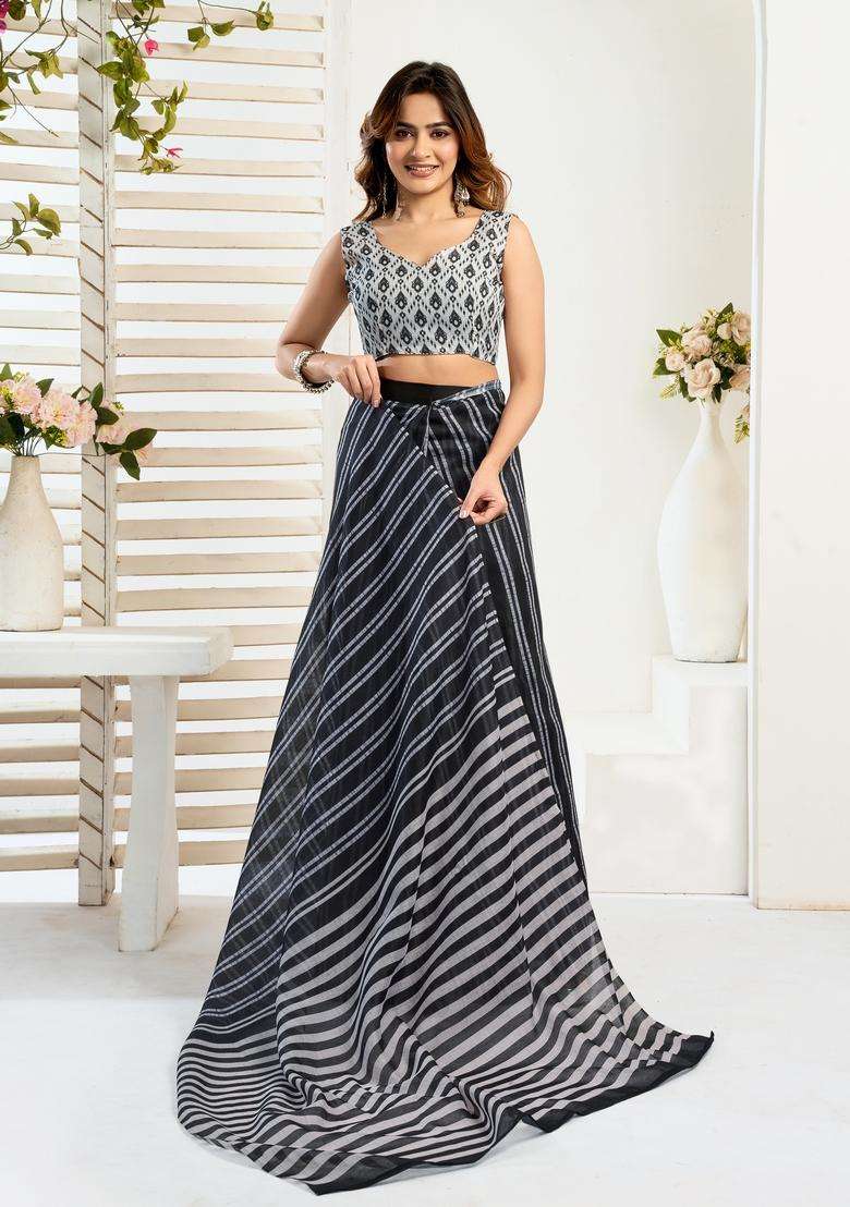 Black Printed Linen Saree Set - Indya