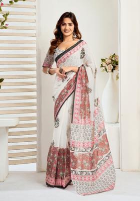 White Printed Linen Saree Set