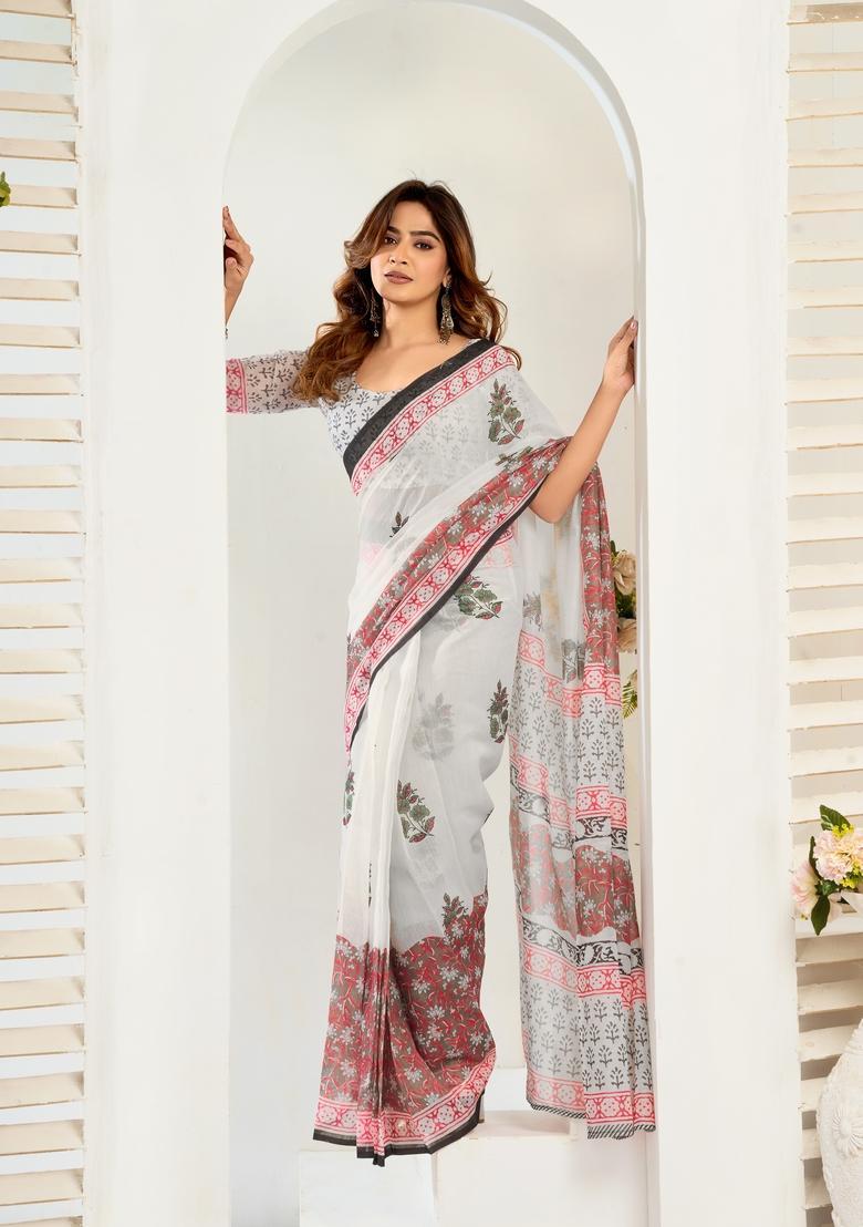 White Printed Linen Saree Set - Indya