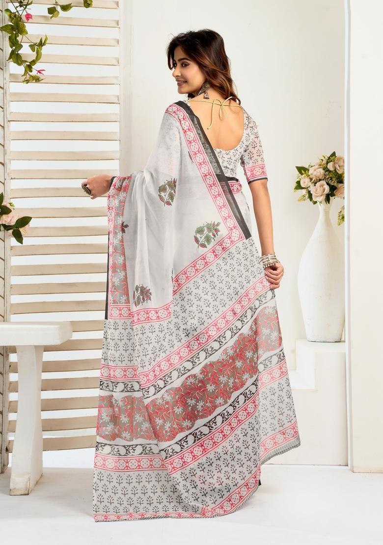 White Printed Linen Saree Set - Indya