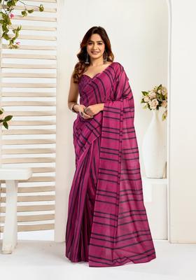 Pink Printed Linen Saree Set