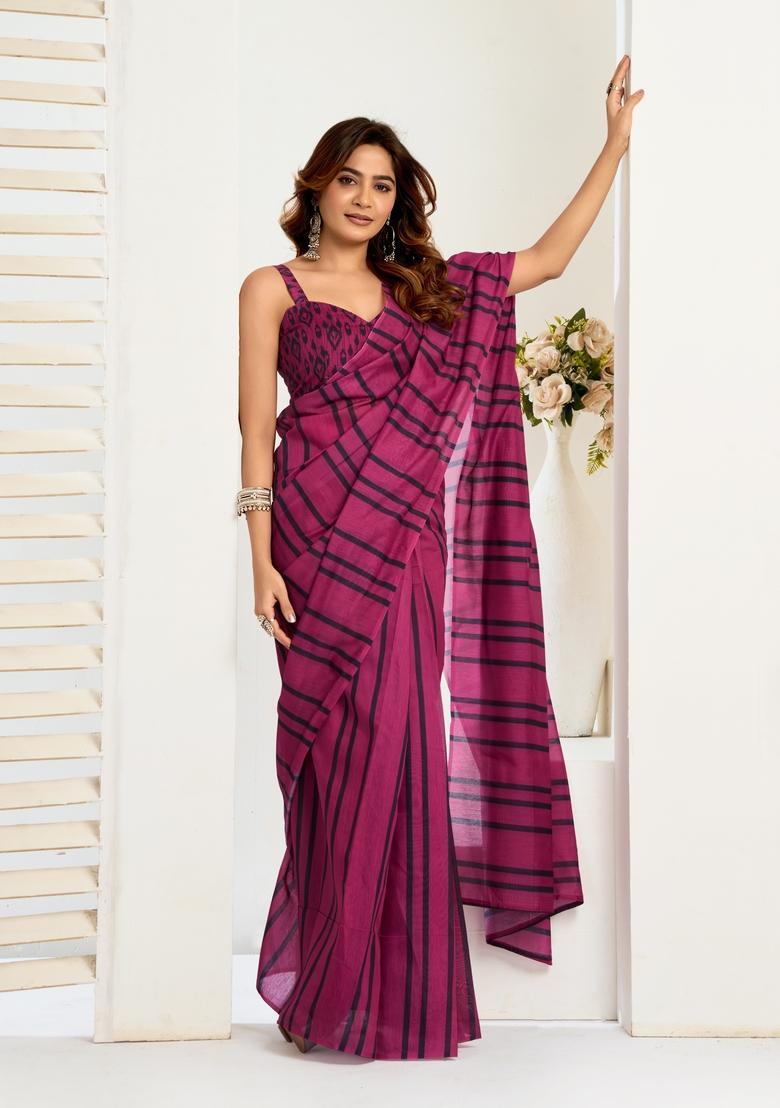 Pink Printed Linen Saree Set - Indya