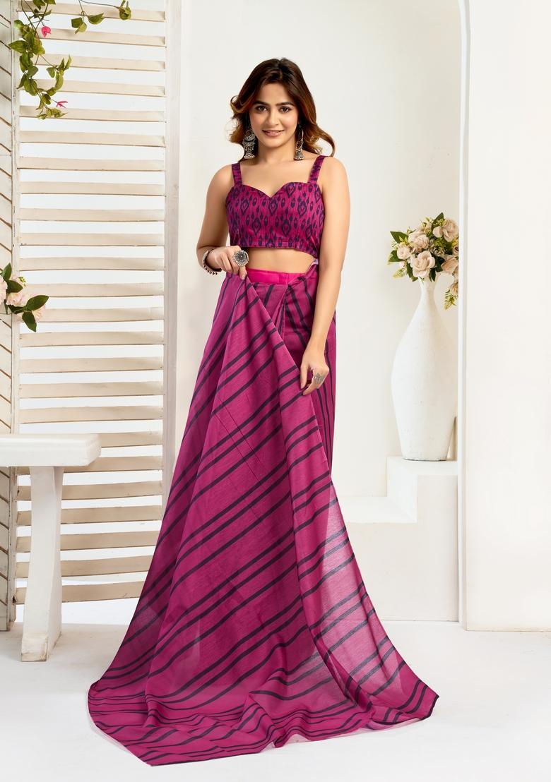 Pink Printed Linen Saree Set - Indya