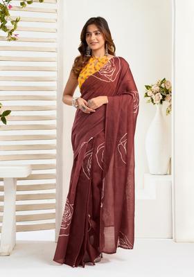 Brown Printed Linen Saree Set