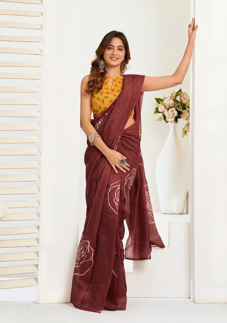 Brown Printed Linen Saree Set - Indya