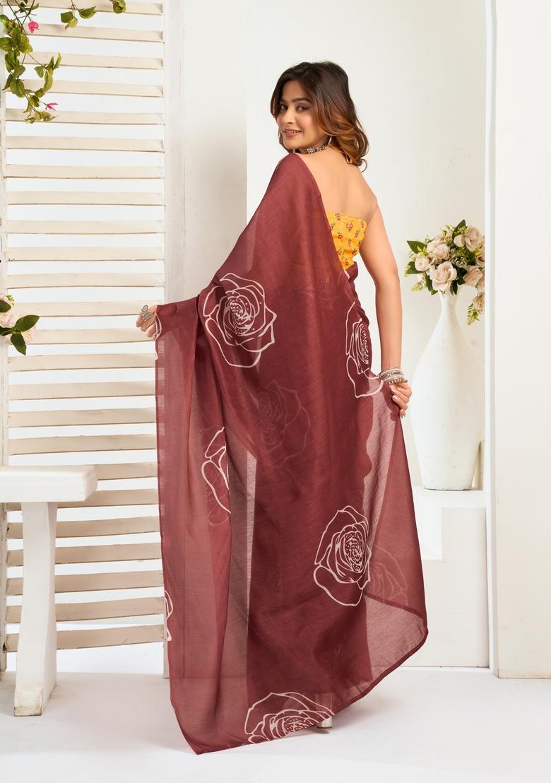 Brown Printed Linen Saree Set - Indya