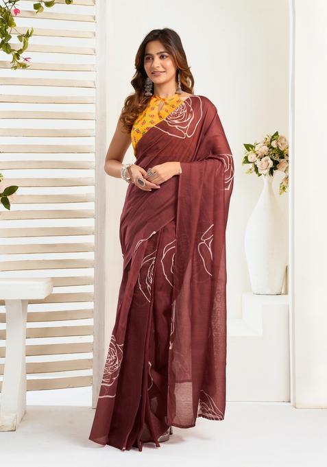Brown Printed Linen Saree Set