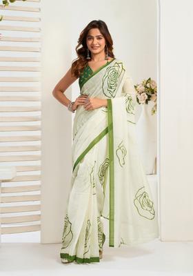 White Printed Linen Saree Set