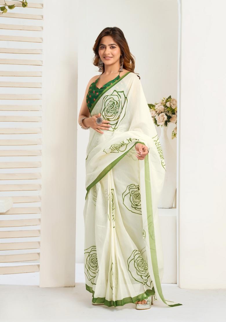 White Printed Linen Saree Set - Indya