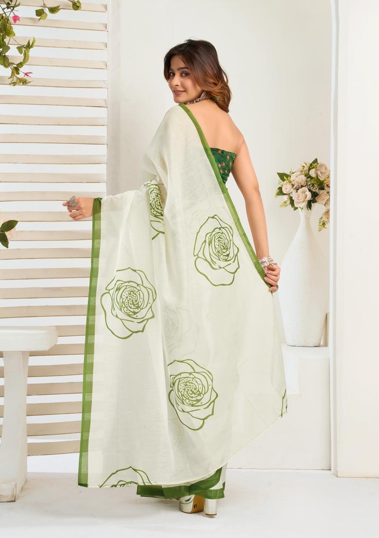 White Printed Linen Saree Set - Indya