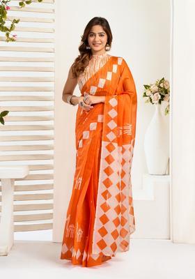 Orange Printed Linen Saree Set
