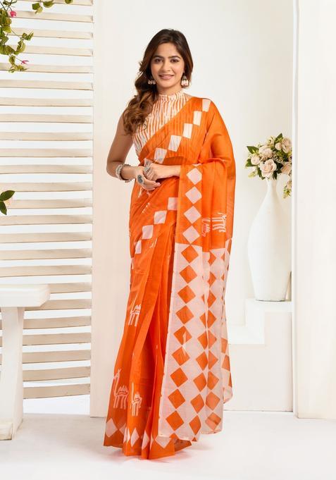 Orange Printed Linen Saree Set