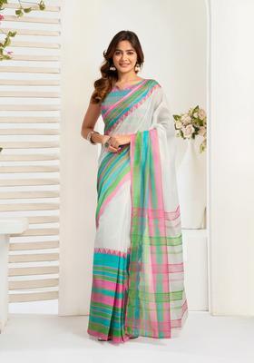 White Printed Linen Saree Set
