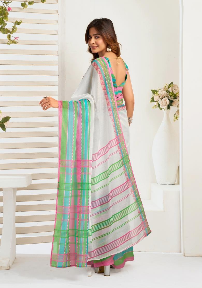 White Printed Linen Saree Set - Indya