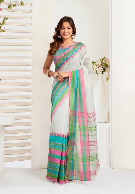 White Printed Linen Saree Set