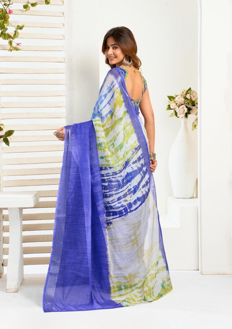 Blue Printed Linen Saree Set - Indya