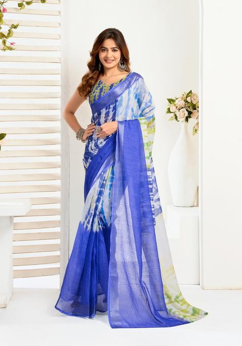 Blue Printed Linen Saree Set