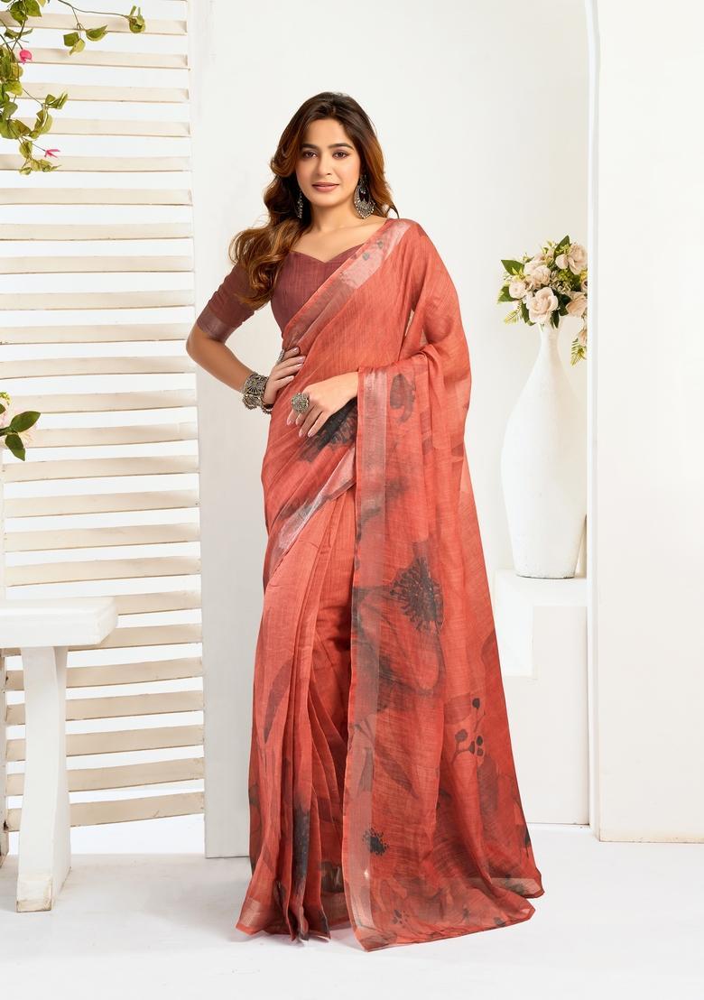 Rust Printed Linen Saree Set - Indya