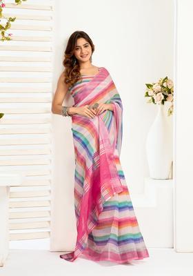 Multicolor Printed Linen Saree Set