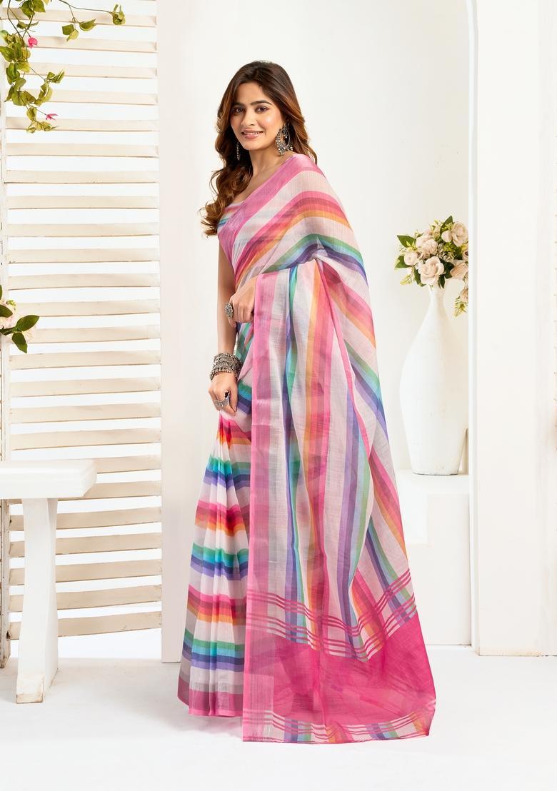 Multicolor Printed Linen Saree Set - Indya