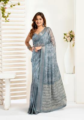 Grey Printed Linen Saree Set