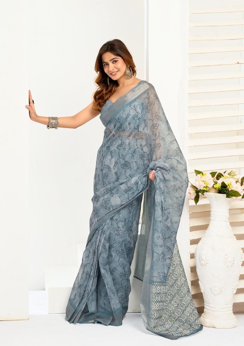 Grey Printed Linen Saree Set - Indya