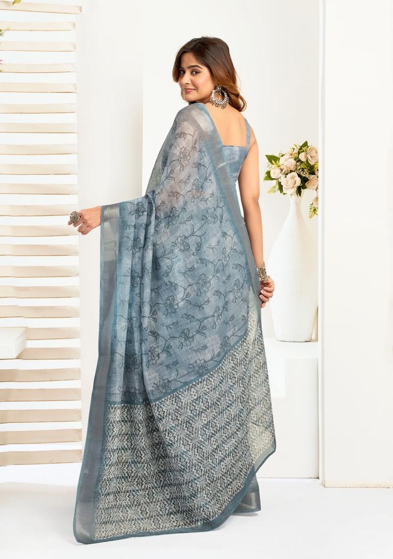 Grey Printed Linen Saree Set - Indya