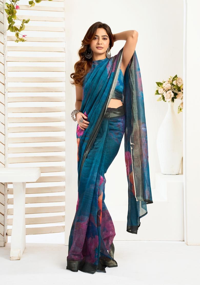 Teal Printed Linen Saree Set - Indya