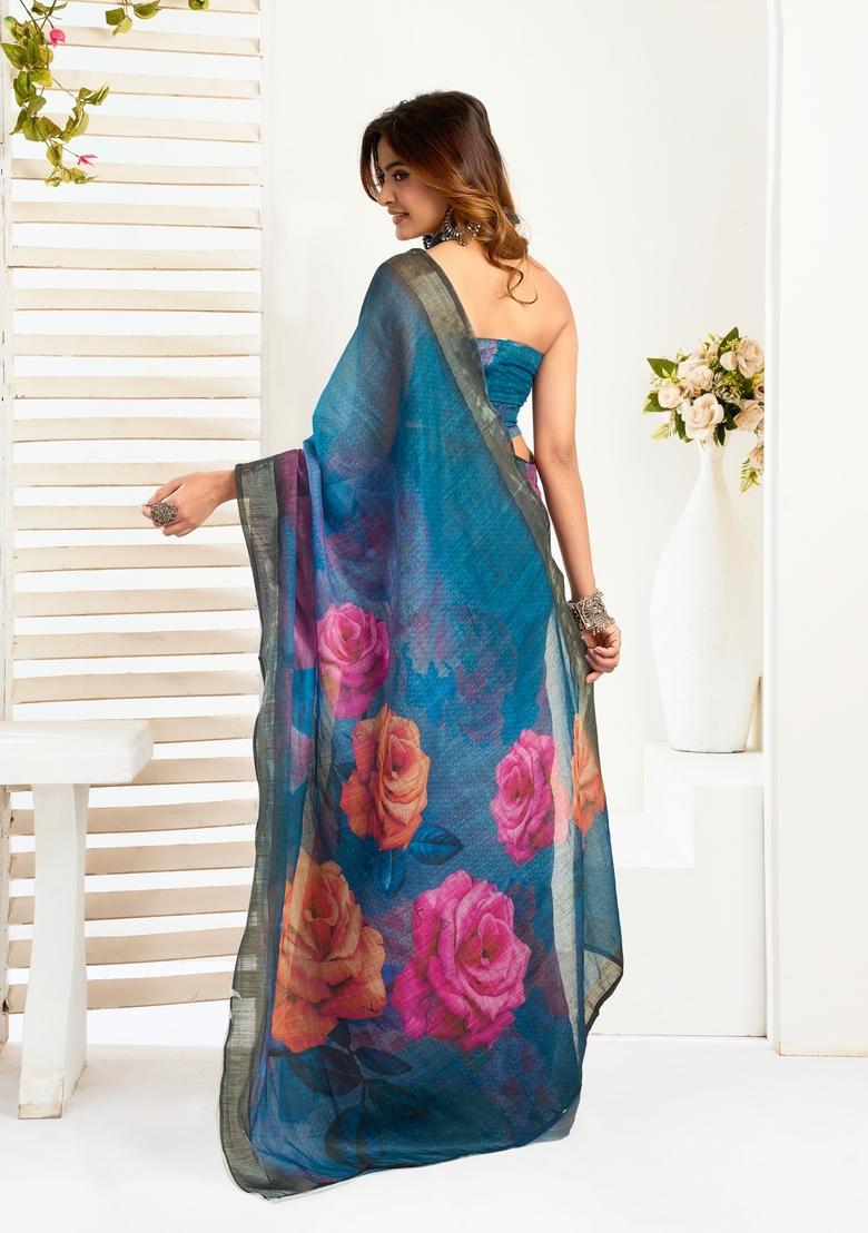 Teal Printed Linen Saree Set - Indya