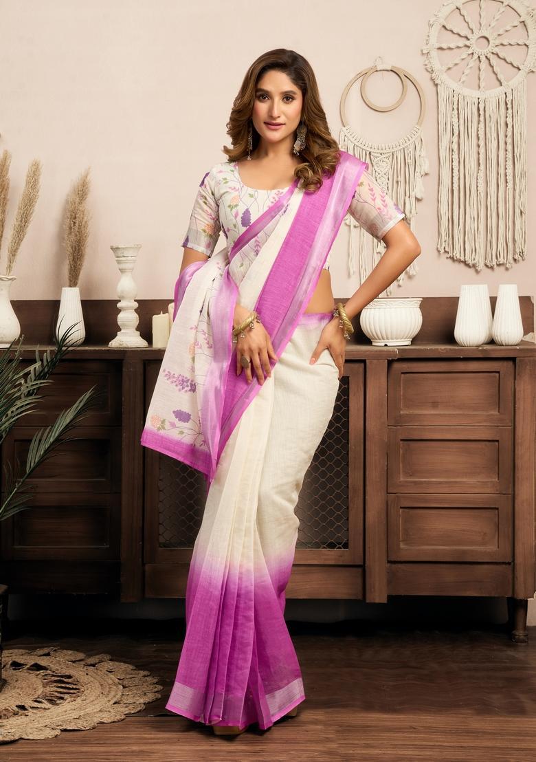 White Printed Linen Saree Set - Indya