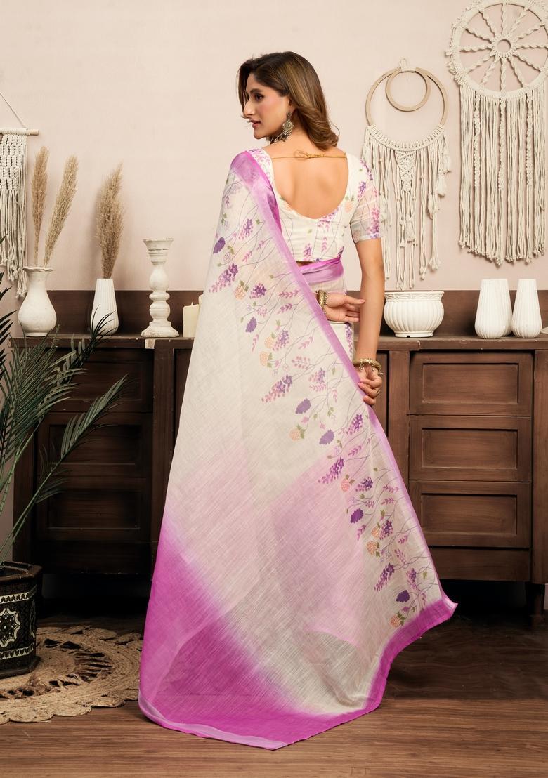 White Printed Linen Saree Set - Indya