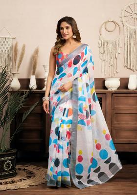 Multicolor Printed Linen Saree Set