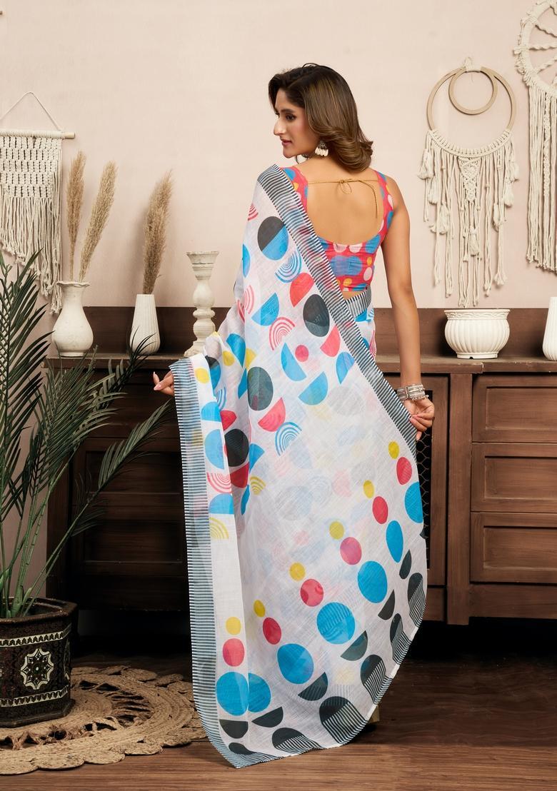 Multicolor Printed Linen Saree Set - Indya